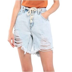 One Teaspoon Distressed Denim Shorts Light Wash Rope Tie Frayed Hem